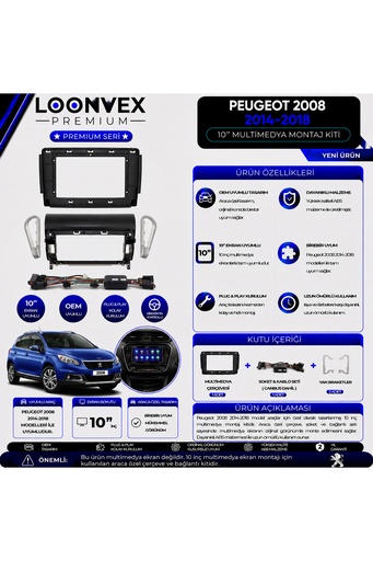 LOONVEX Premium Peugeot 2008 2014-2018 10 İnç Multimedya Çerçeve ve Montaj Kiti