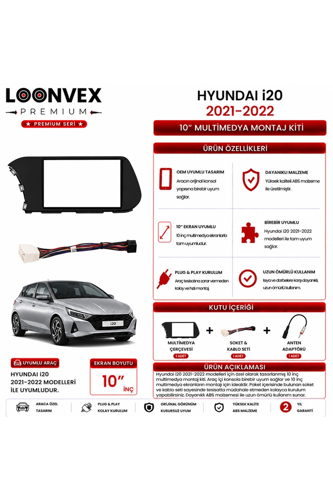 LOONVEX Premium HYUNDAI i20 2021-2022 10 İnç Multimedya Çerçeve ve Montaj Kiti