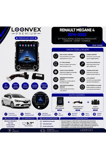 LOONVEX Premium Renault Megane 4 Tesla 9.7 İnç Multimedya Çerçeve ve Montaj Kiti