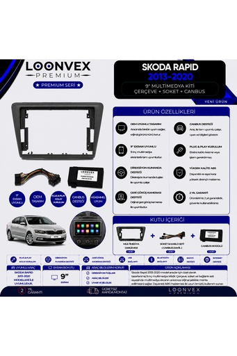LOONVEX Premium Skoda Rapid 2013-2020 9 İnç Multimedya Çerçeve ve Montaj Kiti