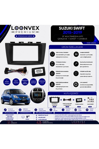 LOONVEX Premium Suzuki Swift 2015-2019 9 İnç Multimedya Çerçeve ve Montaj Kiti