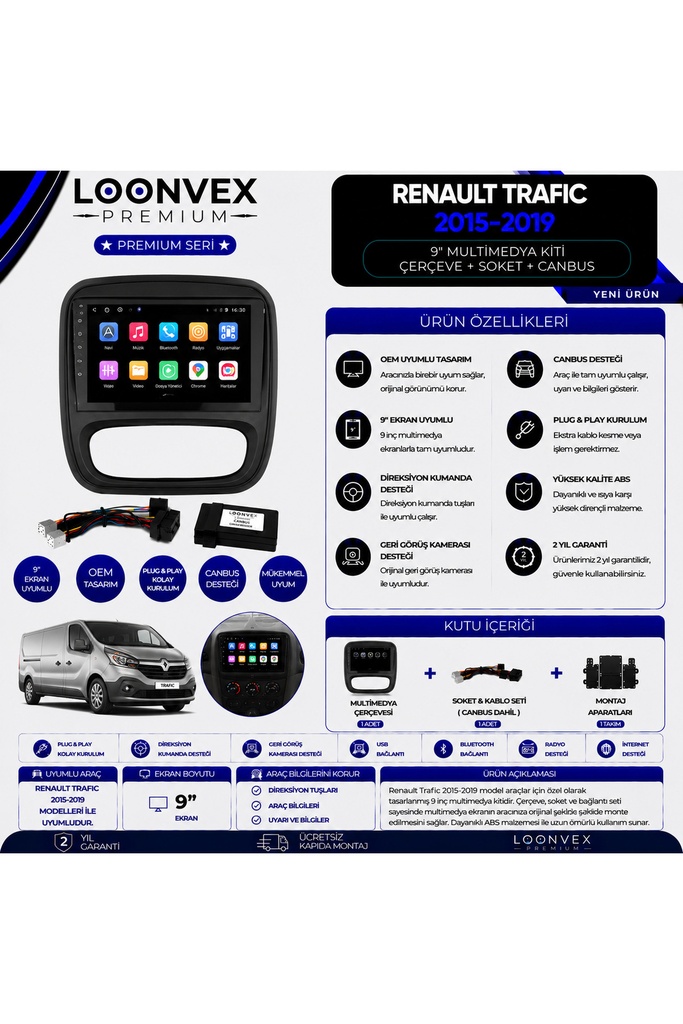 LOONVEX Premium Renault Trafic 2015-2019 9 İnç Multimedya Çerçeve ve Montaj Kiti