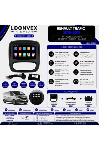 LOONVEX Premium Renault Trafic 2015-2019 9 İnç Multimedya Çerçeve ve Montaj Kiti