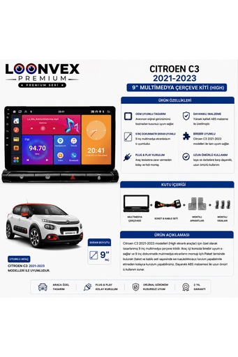 LOONVEX Premium Citroen C3 2021-2023 High 9 İnç Multimedya Çerçeve ve Montaj Kiti