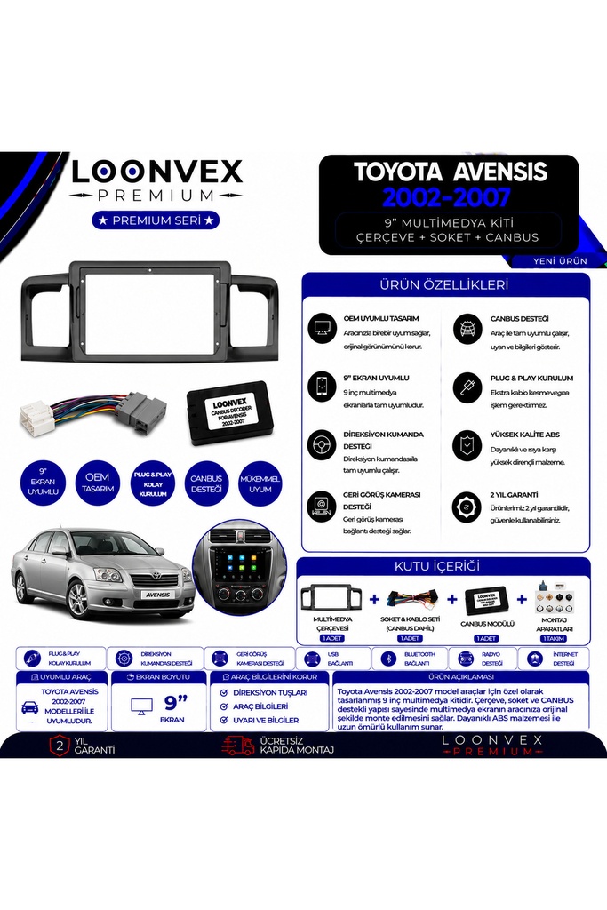 LOONVEX Premium Toyota Avensis 2002-2007 9 İnç Multimedya Çerçeve ve Montaj Kiti