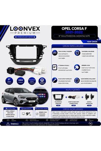 LOONVEX Premium Opel Corsa F 2021-2022 9 İnç Multimedya Çerçeve ve Montaj Kiti