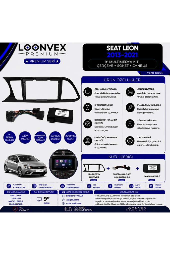 LOONVEX Premium SEAT Leon 2013-2021 9 İnç Multimedya Çerçeve ve Montaj Kiti