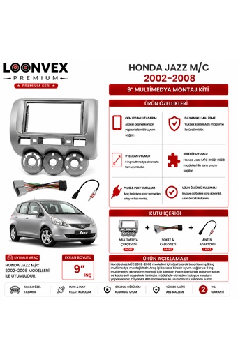 LOONVEX Premium HONDA JAZZ M/C 2002-2008 9 İnç Multimedya Çerçeve ve Montaj Kiti