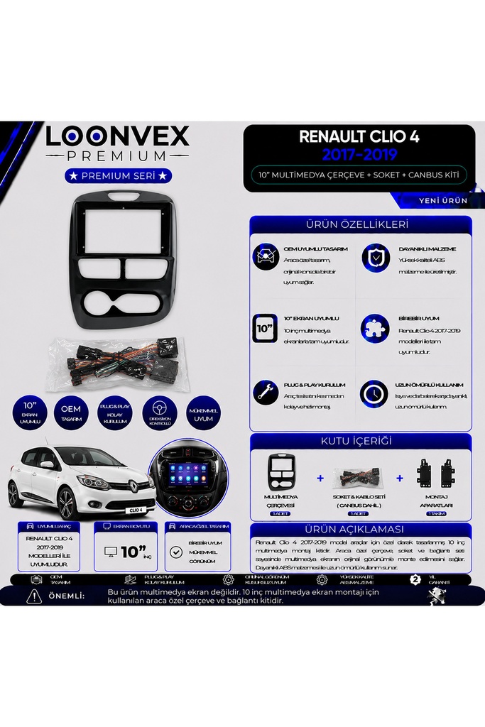 LOONVEX Premium Renault Clio 4 2017-2019 10 İnç Multimedya Çerçeve ve Montaj Kiti