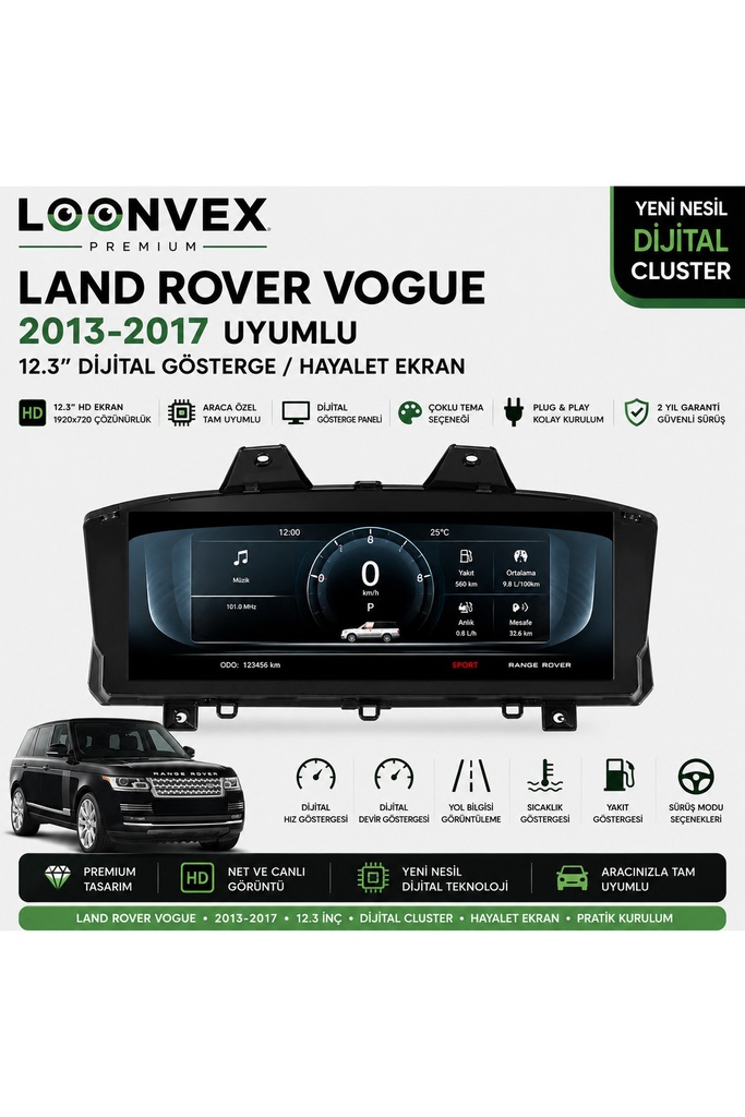 LOONVEX Premium Land Rover Range Rover 2013-2017 12.3 İnç Dijital Gösterge – Hayalet Ekran