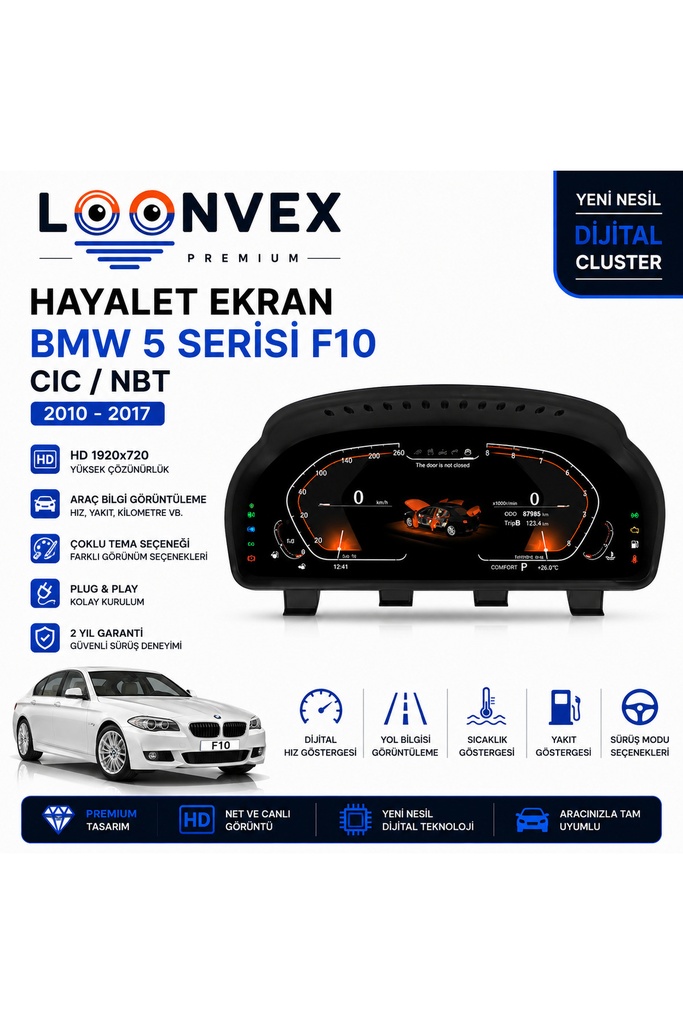 LOONVEX Premium BMW 5 Serisi F10 2010-2017 CIC/NBT Dijital Gösterge – Hayalet Ekran