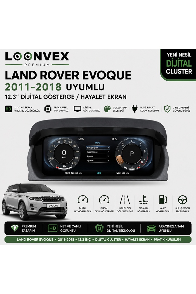 LOONVEX Premium Range Rover Evoque 2011-2018 12.3” Dijital Gösterge – Hayalet Ekran