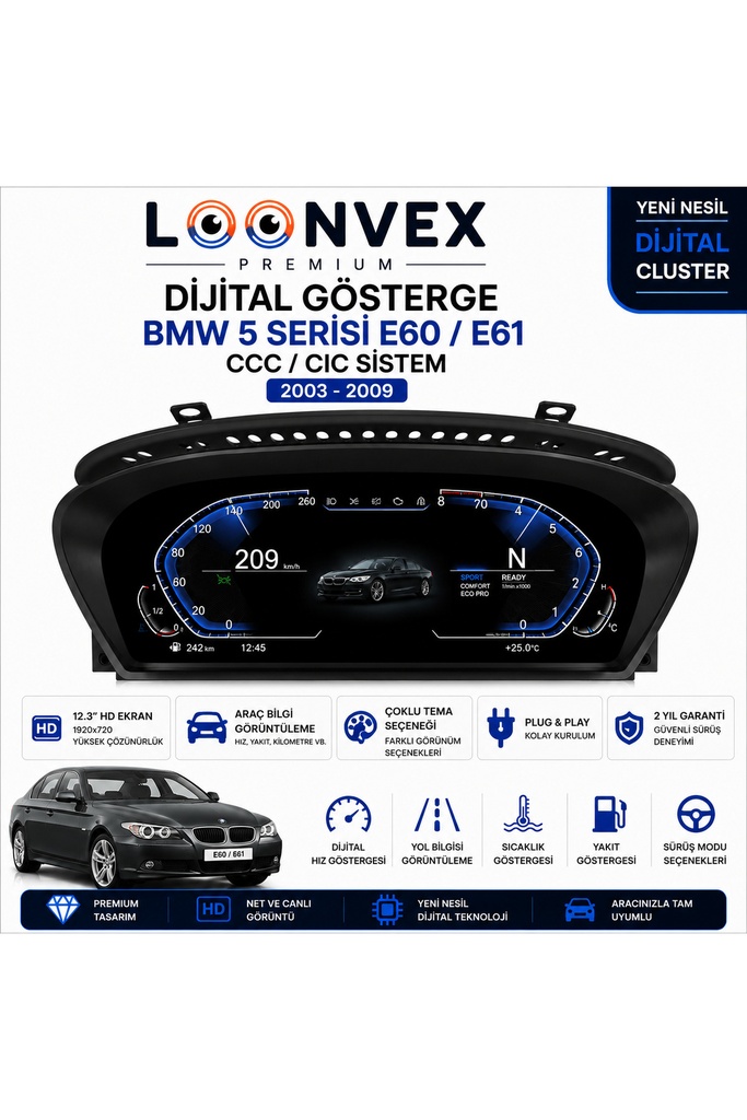 LOONVEX Premium BMW 5 Serisi E60/E61 2003-2009 CCC/CIC 12.3” Dijital Gösterge – Hayalet Ekran
