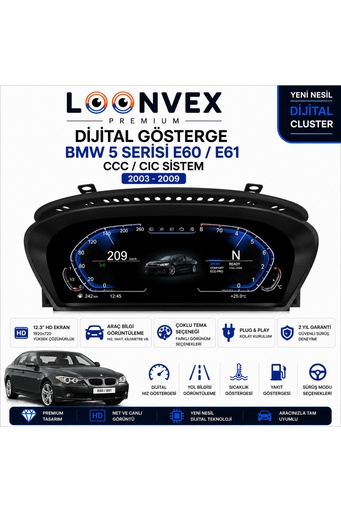 LOONVEX Premium BMW 5 Serisi E60/E61 2003-2009 CCC/CIC 12.3” Dijital Gösterge – Hayalet Ekran