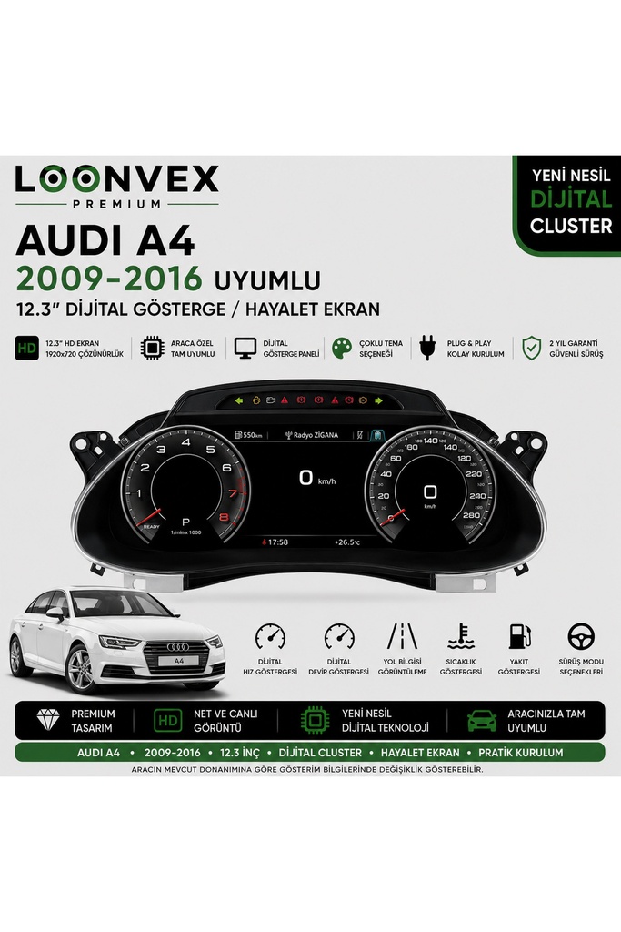 LOONVEX Premium Audi A4 2009-2016 12.3” Dijital Gösterge – Hayalet Ekran