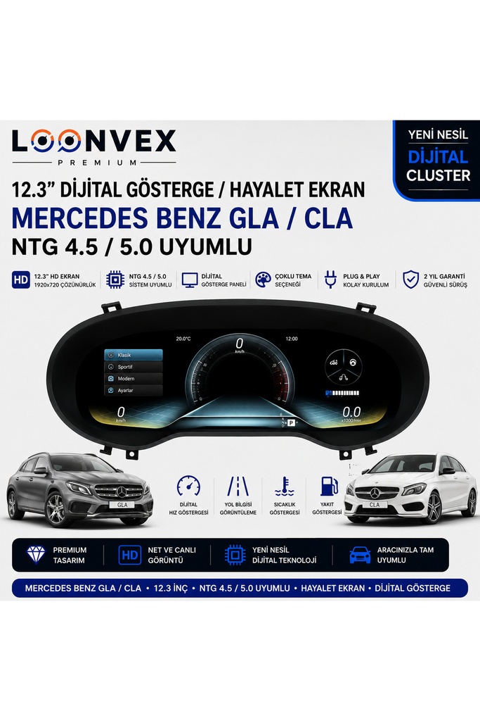 LOONVEX Premium Mercedes-Benz GLA / CLA NTG 4.5 / 5.0 12.3” Dijital Gösterge – Hayalet Ekran