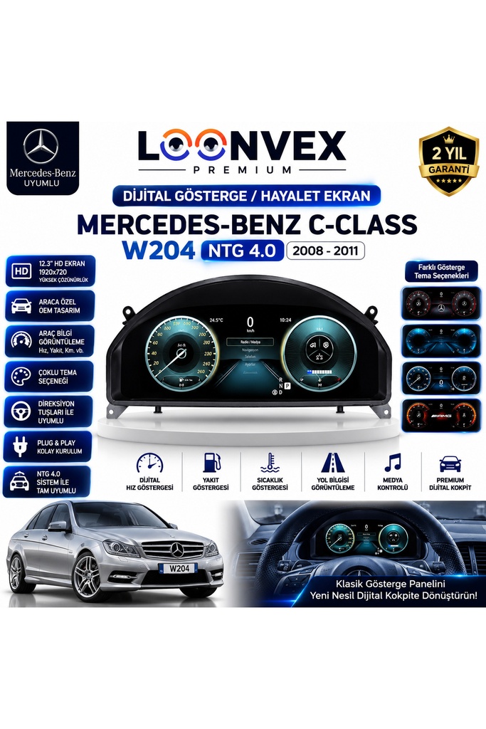 LOONVEX Premium Mercedes-Benz C Serisi W204 2008-2011 NTG 4.0 Dijital Gösterge – Hayalet Ekran