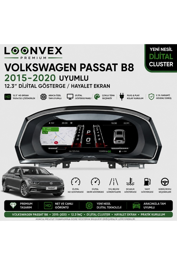 LOONVEX Premium Volkswagen Passat B8 2015-2020 12.3” Dijital Gösterge – Hayalet Ekran