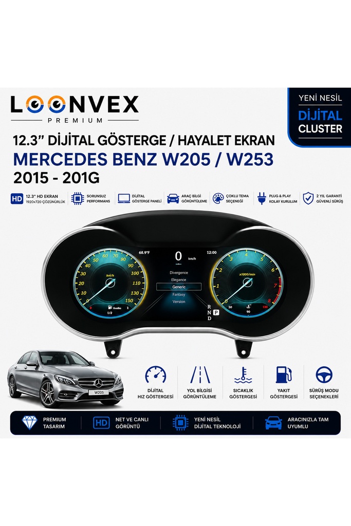 LOONVEX Premium Mercedes-Benz W205 / W253 12.3” Dijital Gösterge – Hayalet Ekran