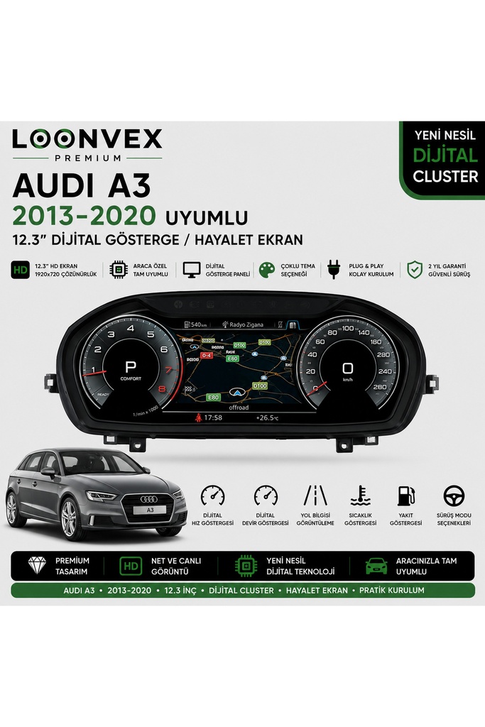 LOONVEX Premium Audi A3 2013-2020 12.3” Dijital Gösterge – Hayalet Ekran
