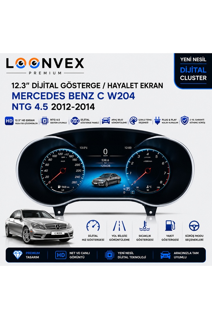 LOONVEX Premium Mercedes-Benz C Serisi W204 2012-2014 NTG 4.5 Dijital Gösterge – Hayalet Ekran