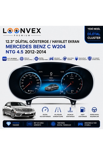 LOONVEX Premium Mercedes-Benz C Serisi W204 2012-2014 NTG 4.5 Dijital Gösterge – Hayalet Ekran