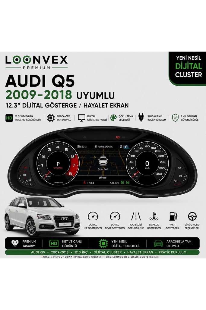 LOONVEX Premium Audi Q5 2009-2018 12.3” Dijital Gösterge – Hayalet Ekran