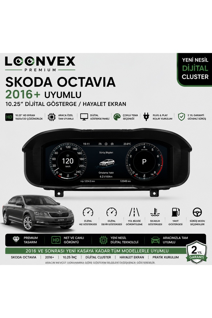 LOONVEX Premium Skoda Octavia 2016 ve Sonrası 10.25” Dijital Gösterge – Hayalet Ekran