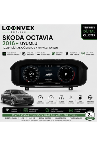 LOONVEX Premium Skoda Octavia 2016 ve Sonrası 10.25” Dijital Gösterge – Hayalet Ekran