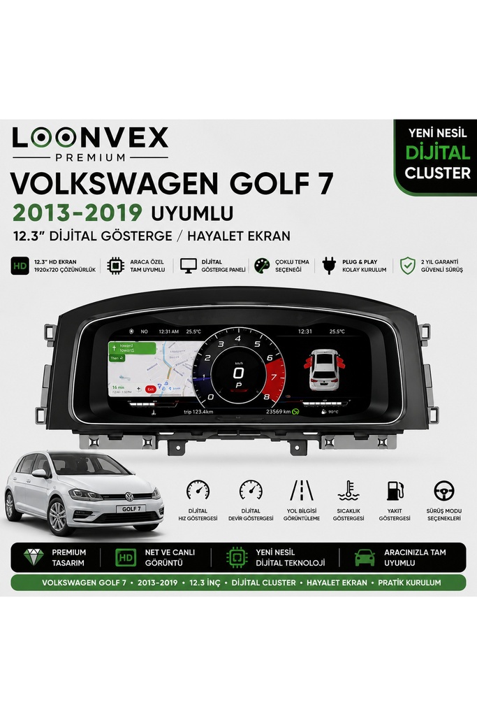 LOONVEX Premium Volkswagen Golf 7 2013-2019 12.3” Dijital Gösterge – Hayalet Ekran