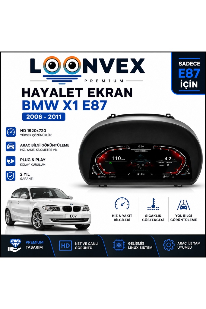 LOONVEX Premium BMW 1 Serisi E87 2006-2011 Dijital Gösterge – Hayalet Ekran