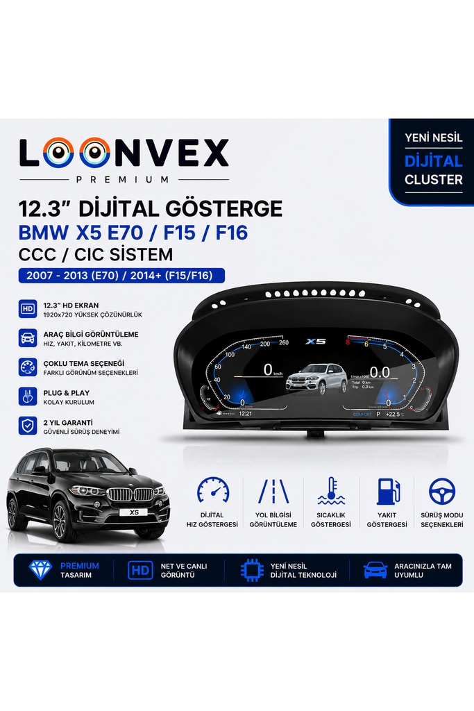 LOONVEX Premium BMW X5 E70 2007-2013 CCC/CIC 12.3” Dijital Gösterge – Hayalet Ekran