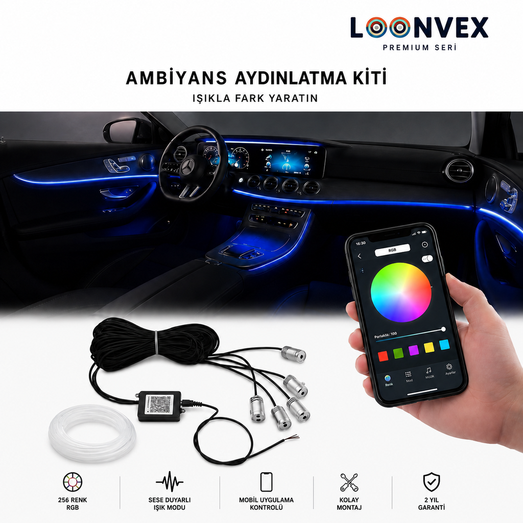 LOONVEX Premium Universal Araç İçi RGB Ambiyans Aydınlatma Seti – Tüm Araçlara Uyumlu