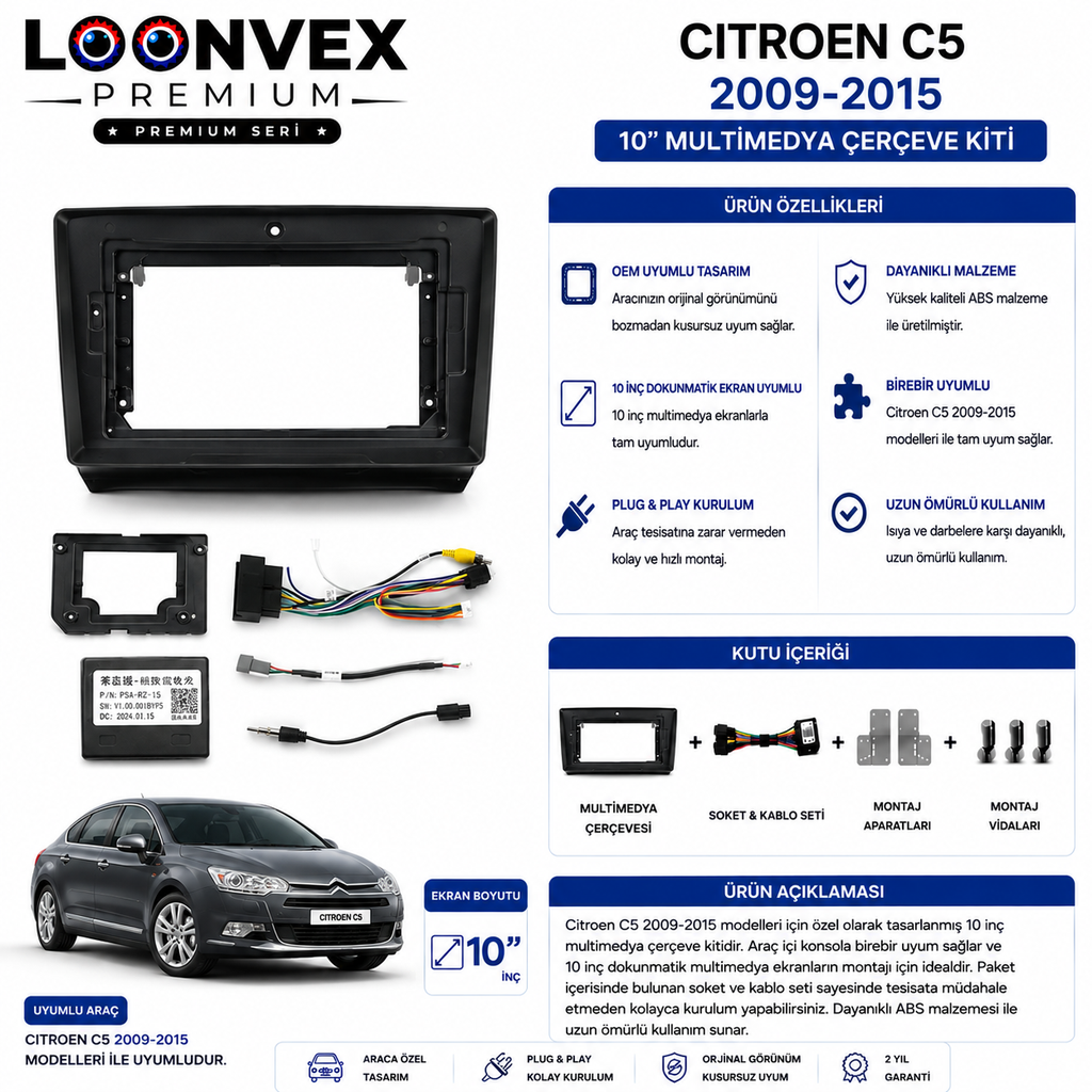LOONVEX Citroen C5 2009-2015 10 İnç Multimedya Çerçeve + Soket Seti OEM Uyumlu
