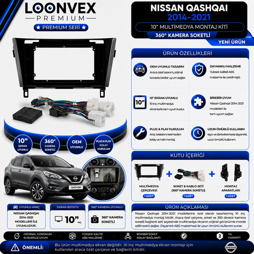 LOONVEX Premium Nissan Qashqai 2014-2021 10 İnç 360° Kamera Soketli Multimedya Çerçeve ve Montaj Kiti