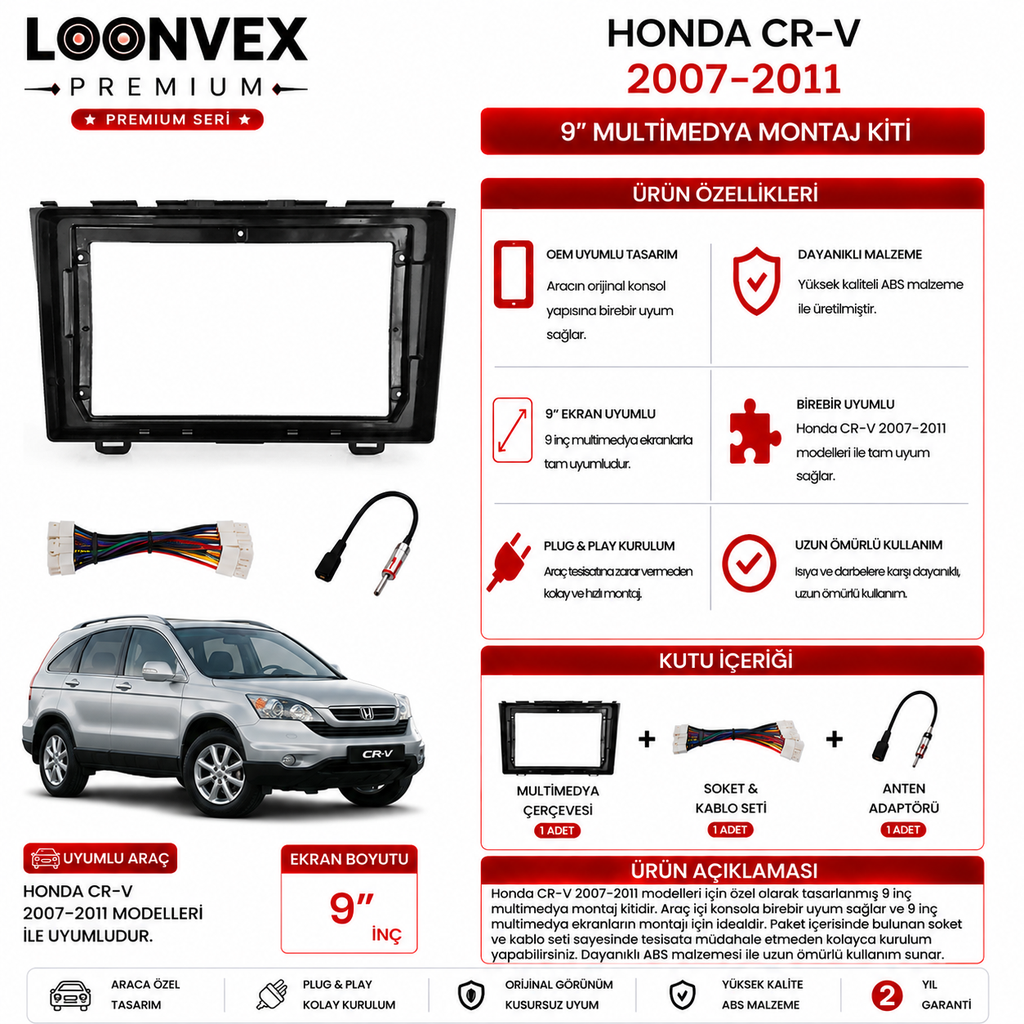 LOONVEX PREMIUM – HONDA CR-V 2007-2011 9" MULTİMEDYA ÇERÇEVE + SOKET KİTİ