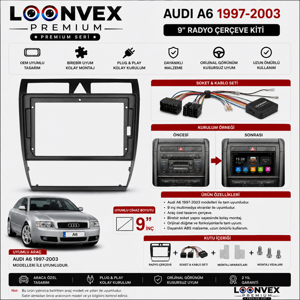 LOONVEX Audi A6 1997-2003 9 İnç Multimedya Çerçeve + Soket Seti OEM Uyumlu