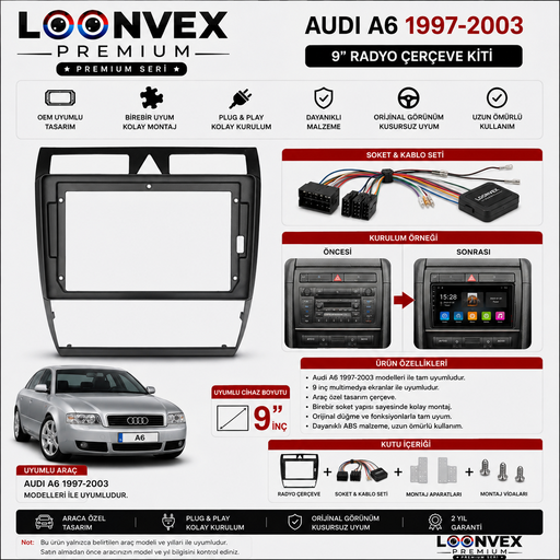 LOONVEX Audi A6 1997-2003 9 İnç Multimedya Çerçeve + Soket Seti OEM Uyumlu