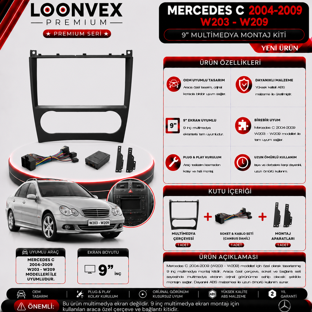 LOONVEX PREMIUM MERCEDES C 2004-2009 W203-W209 9" MULTİMEDYA MONTAJ KİTİ
