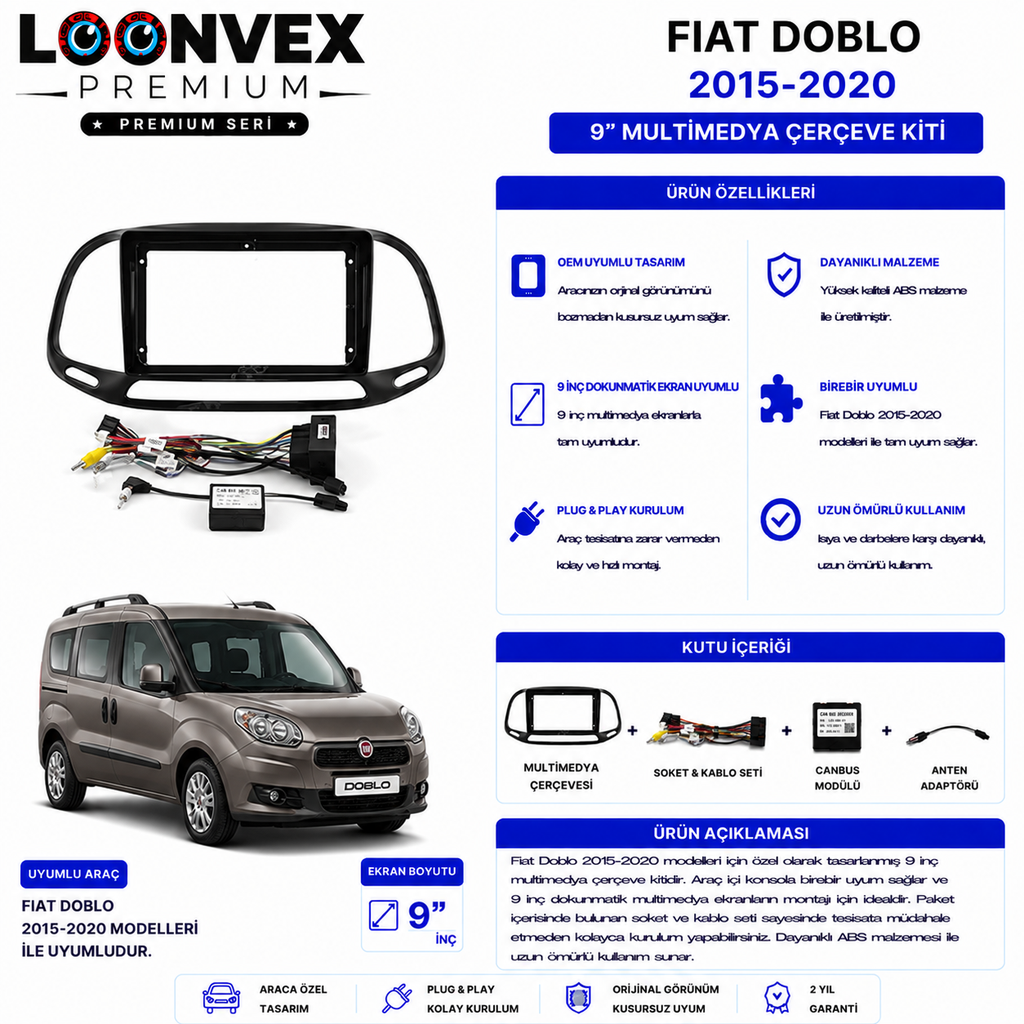 LOONVEX PREMIUM – FIAT DOBLO 2015-2022 9" MULTİMEDYA ÇERÇEVE + SOKET KİTİ