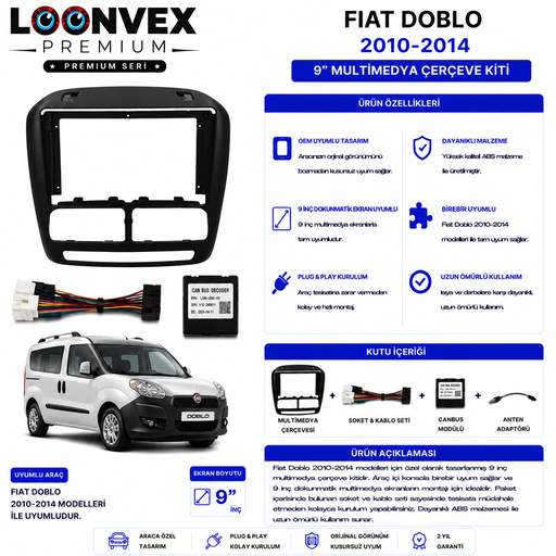 LOONVEX PREMIUM – FIAT DOBLO 2010-2014 9" MULTİMEDYA ÇERÇEVE + SOKET KİTİ