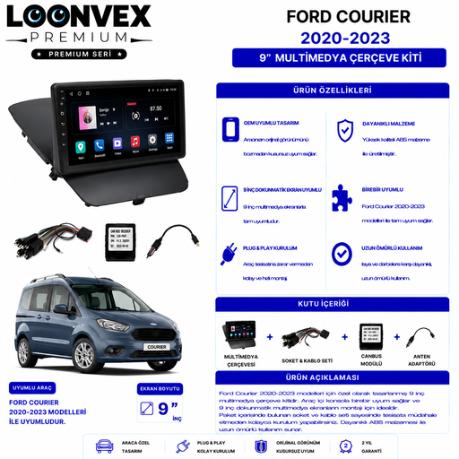 LOONVEX PREMIUM – FORD COURIER 2020-2023 9" MULTİMEDYA ÇERÇEVE + SOKET KİTİ