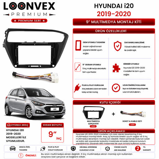 LOONVEX PREMIUM – HYUNDAI i20 2019-2020 9" MULTİMEDYA ÇERÇEVE + SOKET KİTİ