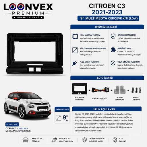 LOONVEX Citroen C3 2021-2023 Low 9 İnç Multimedya Çerçeve + Soket Seti OEM Uyumlu