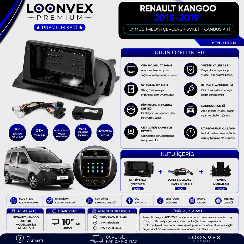 LOONVEX Premium Renault Kangoo 2015-2019 10 İnç Multimedya Çerçeve + Soket + CANBUS Montaj Kiti