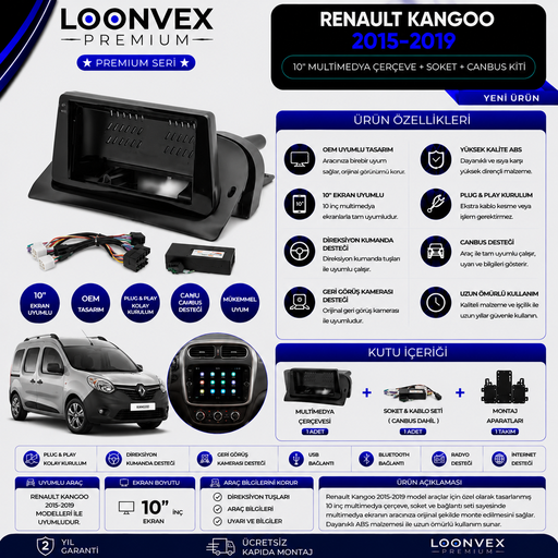 LOONVEX Premium Renault Kangoo 2015-2019 10 İnç Multimedya Çerçeve + Soket + CANBUS Montaj Kiti