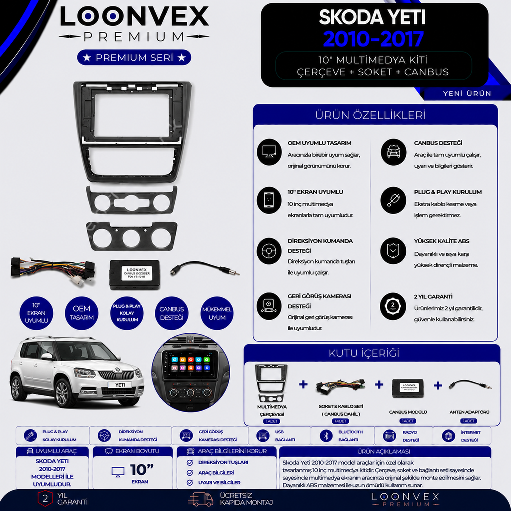LOONVEX Premium Skoda Yeti 2010-2017 10 İnç Multimedya Çerçeve + Soket + CANBUS Montaj Kiti