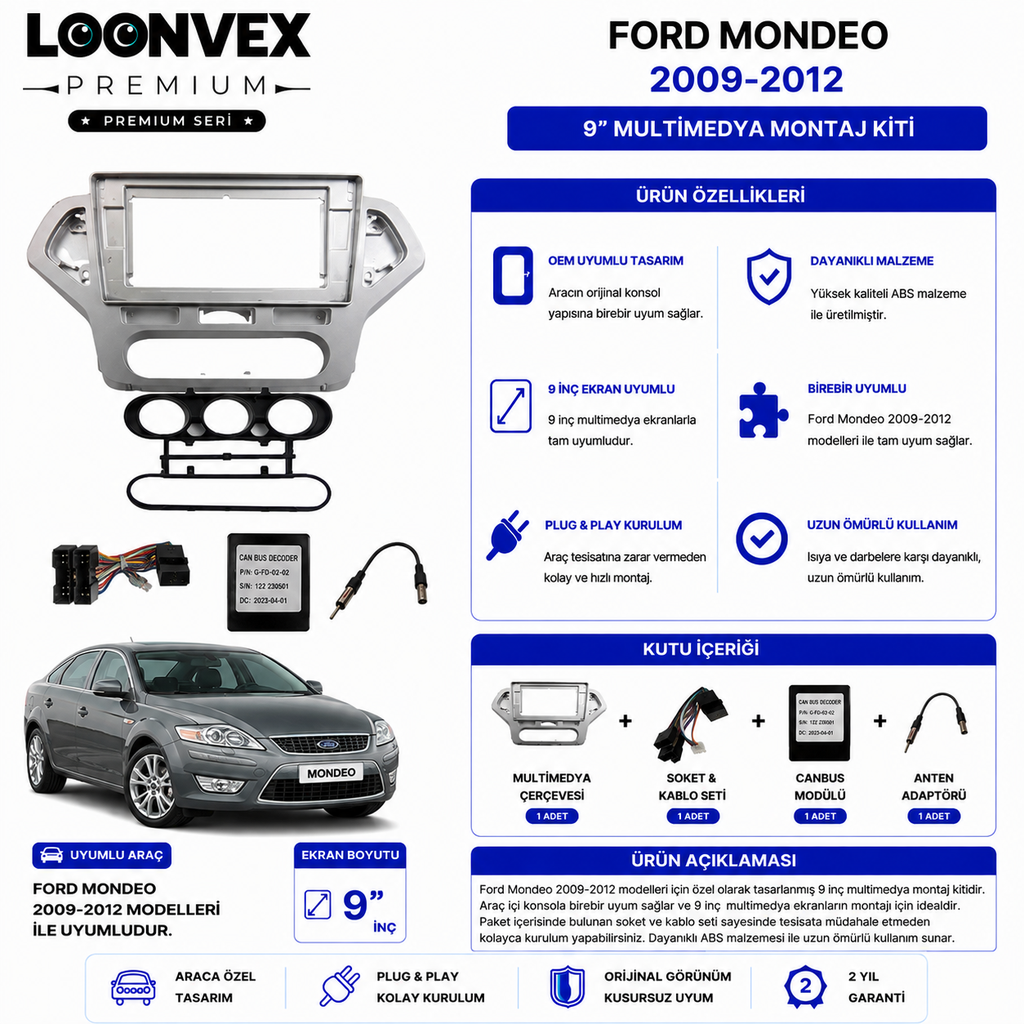 LOONVEX PREMIUM – FORD MONDEO 2009-2012 9" MULTİMEDYA ÇERÇEVE + SOKET KİTİ