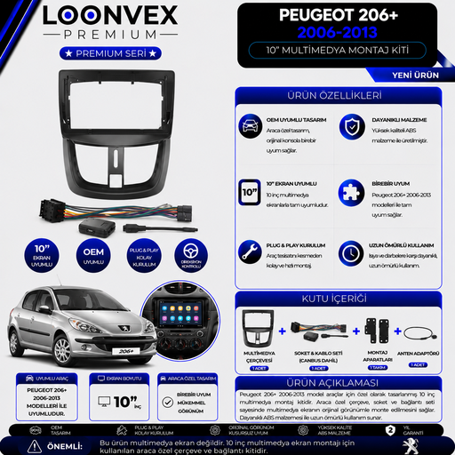 LOONVEX Premium Peugeot 206+ 2006-2013 10 İnç Multimedya Çerçeve + Soket + CANBUS Montaj Kiti