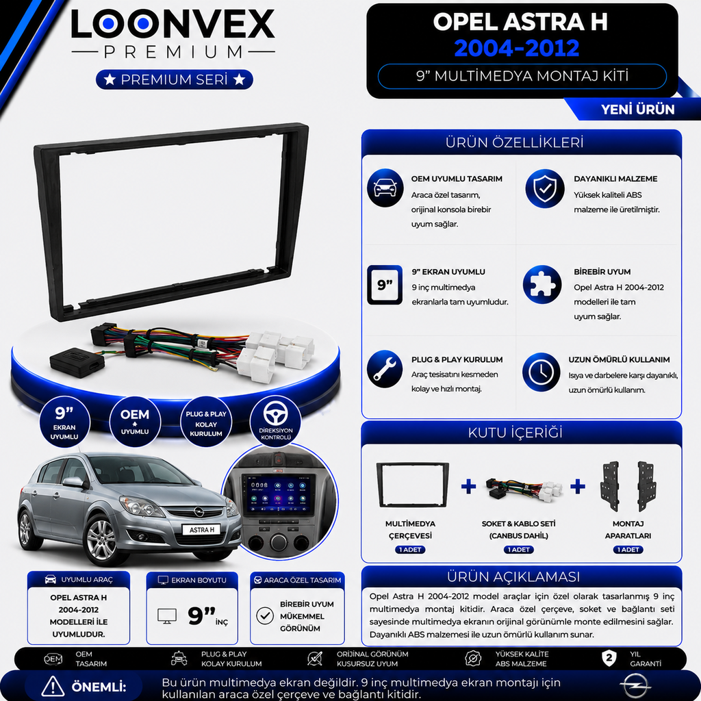 LOONVEX Premium Opel Astra H 2004-2012 9 İnç Multimedya Çerçeve ve Soket Montaj Kiti